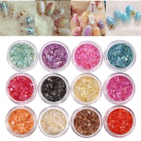 12 Χρώματα Nail Art Glitter Crushed Shell Chips Powder Dust Tips Σετ Διακόσμησης Diy