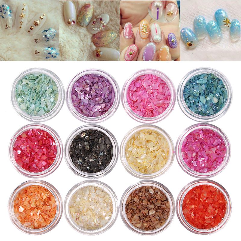 12 Χρώματα Nail Art Glitter Crushed Shell Chips Powder Dust Tips Σετ Διακόσμησης Diy