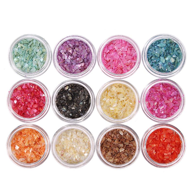 12 Χρώματα Nail Art Glitter Crushed Shell Chips Powder Dust Tips Σετ Διακόσμησης Diy