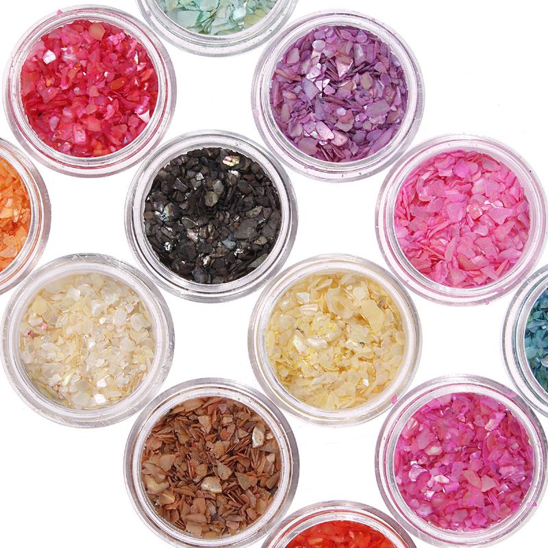 12 Χρώματα Nail Art Glitter Crushed Shell Chips Powder Dust Tips Σετ Διακόσμησης Diy