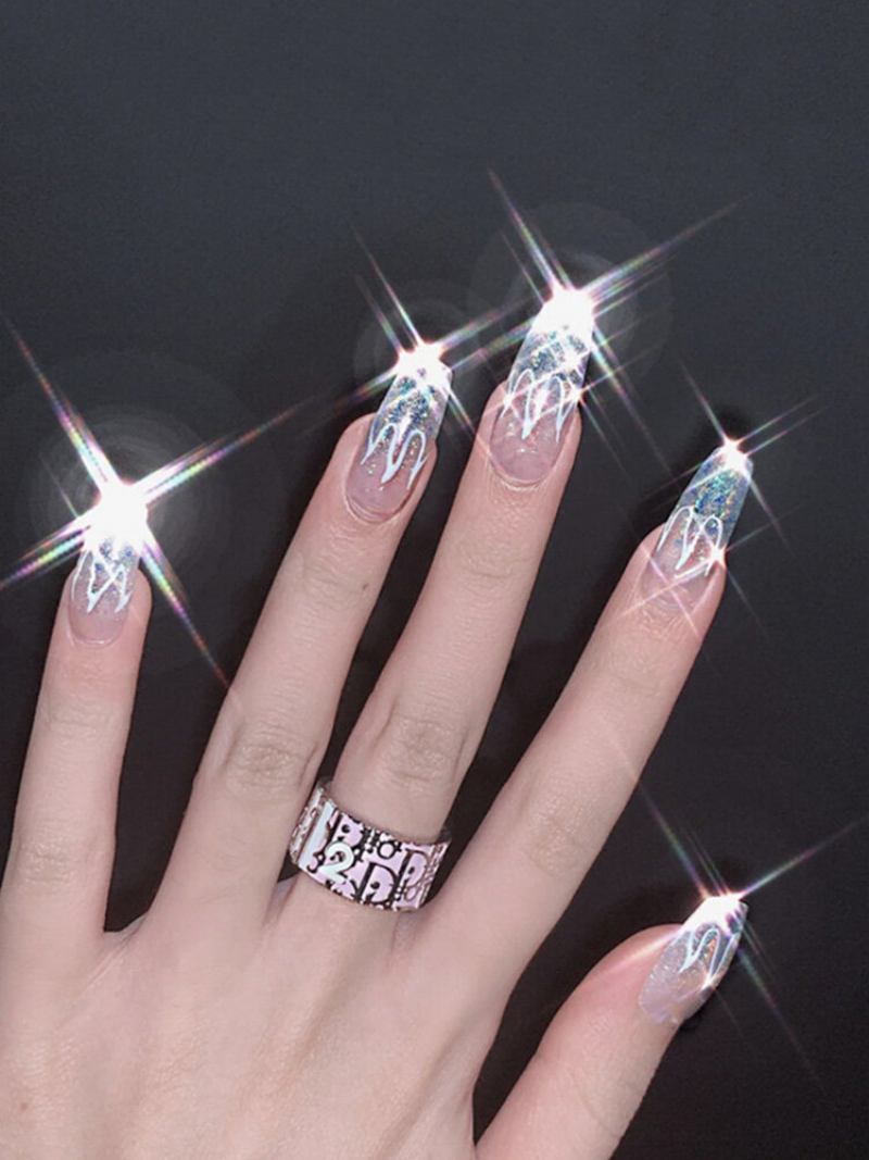 24 Τεμάχια/κουτί Λέιζερ Silver Flame Fake Nails Κομμάτι Φορέσιμα Τεχνητά Τελειωμένα Νύχια