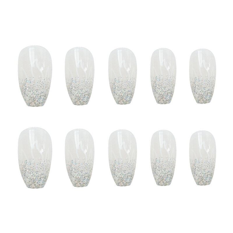 24 Τεμάχια/κουτί Λέιζερ Silver Flame Fake Nails Κομμάτι Φορέσιμα Τεχνητά Τελειωμένα Νύχια