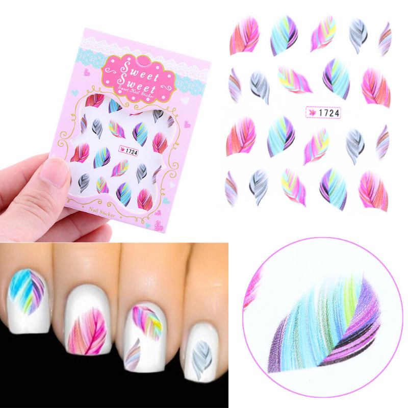 Αυτοκόλλητο 1 Φύλλου Rainbow Colorful Feather Nail Art Diy Decals Μεταφοράς Νερού