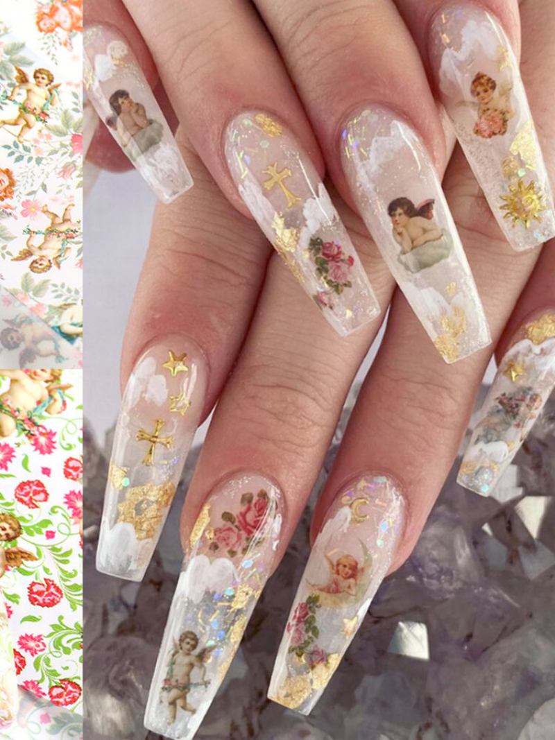 Αυτοκόλλητο 8 Τμχ Nail Art Diy Small Floral Cupid Angel Transfer Water