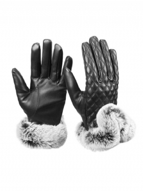 Γυναικεία Χειμερινά Γάντια Αφής Δερμάτινα Pu Αντιανεμικά Ζεστά Από Ψεύτικη Γούνα Κουνελιού