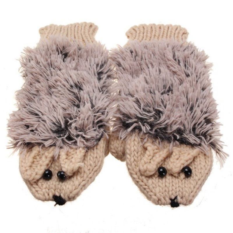 Winter Thermal Cartoon Hedgehog Mitens 2 Layers Inner Fleece Γάντια Τεχνητής Γούνας