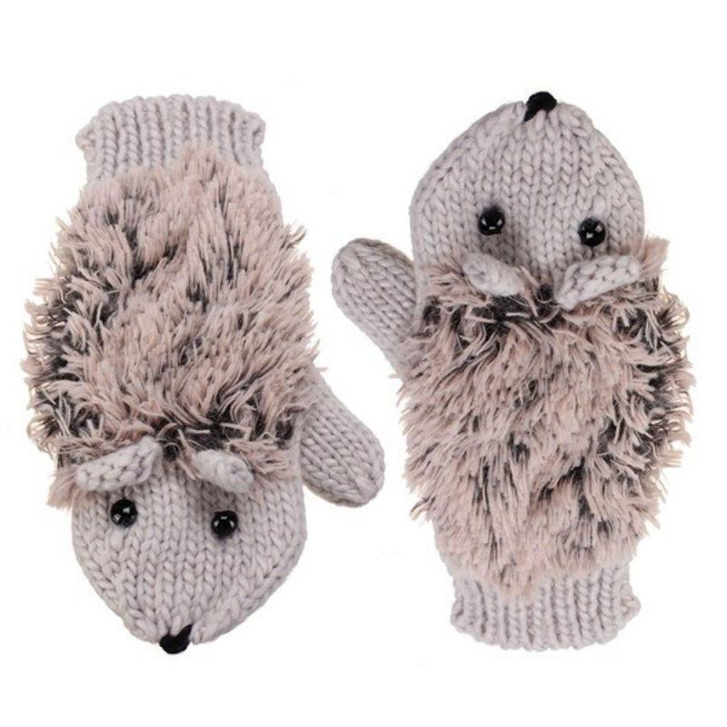 Winter Thermal Cartoon Hedgehog Mitens 2 Layers Inner Fleece Γάντια Τεχνητής Γούνας