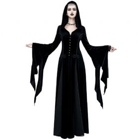 Γυναικεία Γοτθική Αποκριάτικη Στολή Αναγέννησης Μεσαιωνικό Φόρεμα Cosplay Μαύρο Μακρυμάνικο Με Κουκούλα Μάγισσας Βικτωριανό Κοστούμι