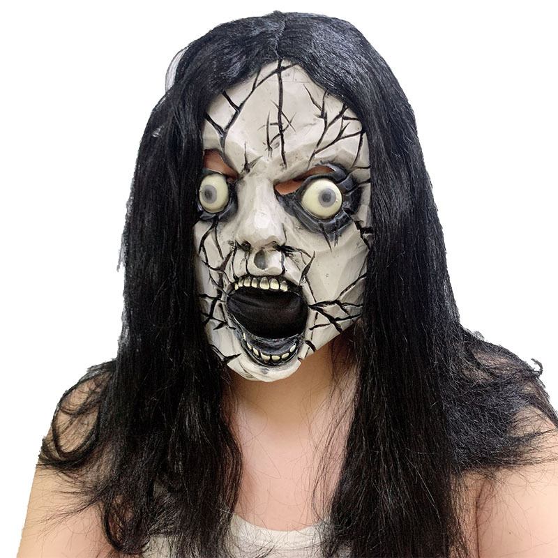 Halloween Ghost Face Mask Horror Devil Scary Funny Masquerade Show Performance Latex Black Hair Crack