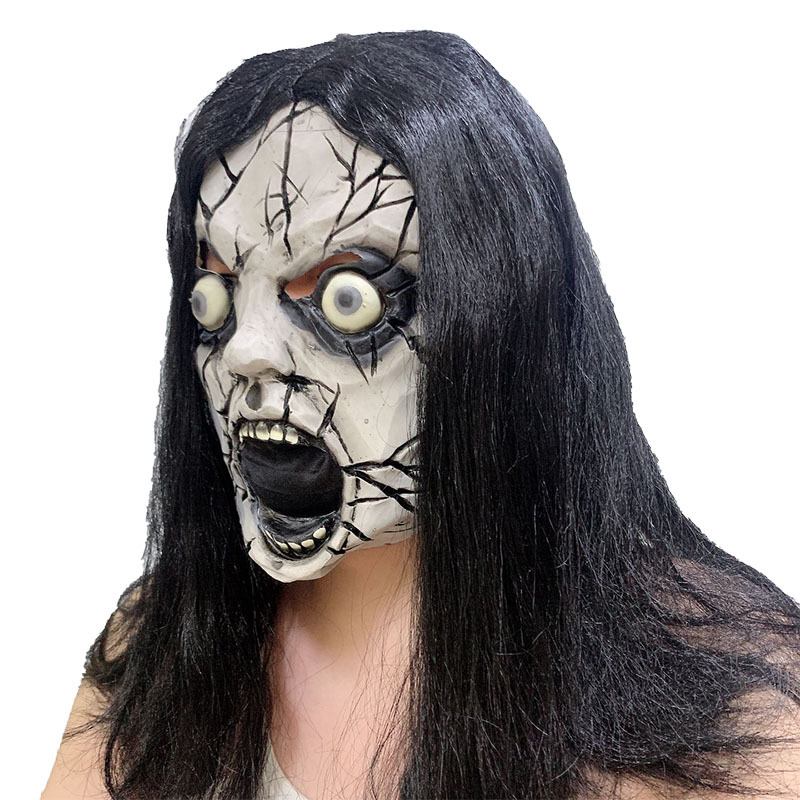 Halloween Ghost Face Mask Horror Devil Scary Funny Masquerade Show Performance Latex Black Hair Crack