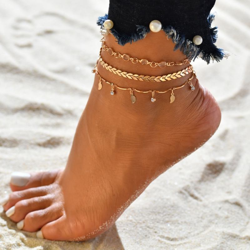 Beach Anklet Lady Jewelry Fishbone Full Rhinestone Handmade Leaf