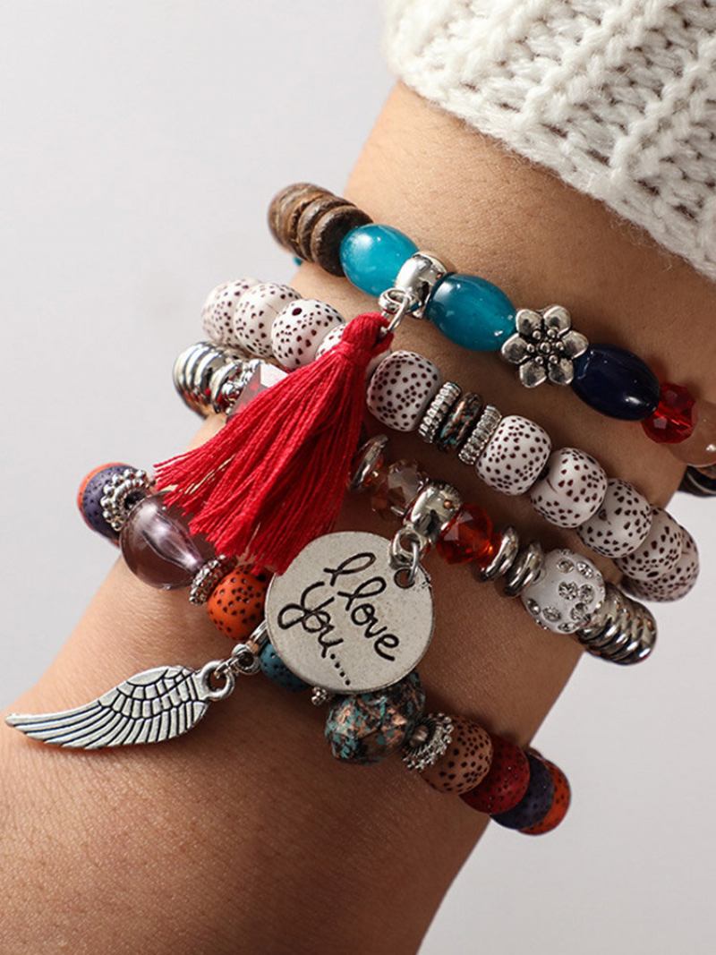 Bohemian Multi Layer Beaded Bracelet African Tassels Bodhi Leaf Για Γυναίκες