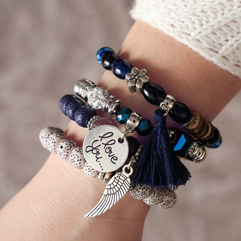 Bohemian Multi Layer Beaded Bracelet African Tassels Bodhi Leaf Για Γυναίκες