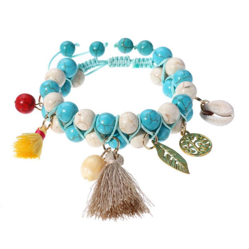 Bohemian Natural Turquoise Beads Βραχιόλια Shell Leaf Tree Of Life Charms Με Φούντες Με Χάντρες