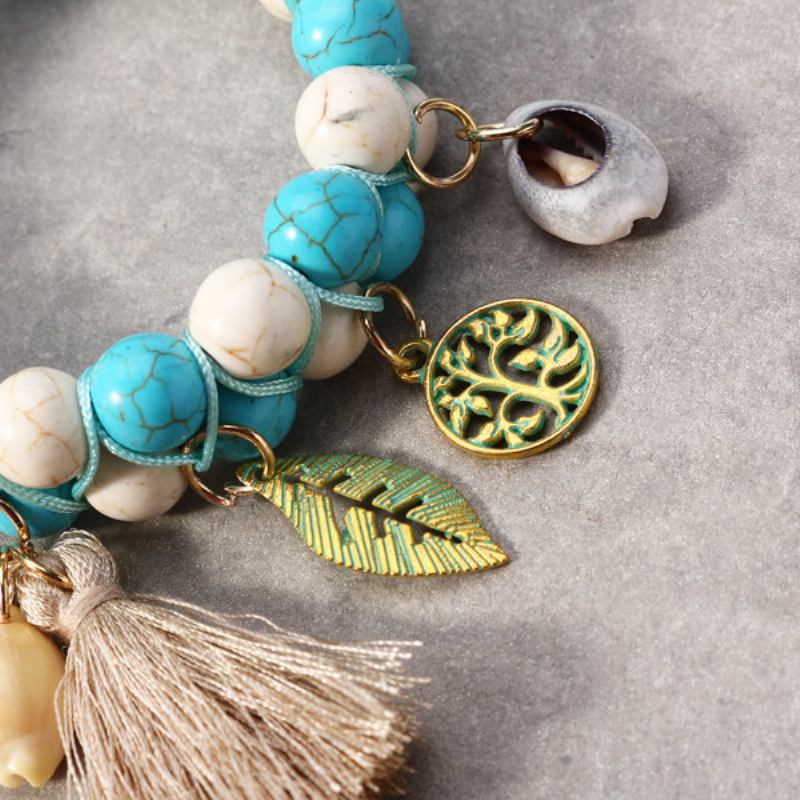 Bohemian Natural Turquoise Beads Βραχιόλια Shell Leaf Tree Of Life Charms Με Φούντες Με Χάντρες