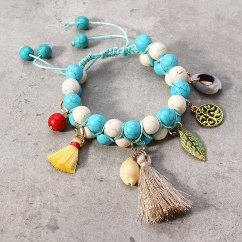 Bohemian Natural Turquoise Beads Βραχιόλια Shell Leaf Tree Of Life Charms Με Φούντες Με Χάντρες