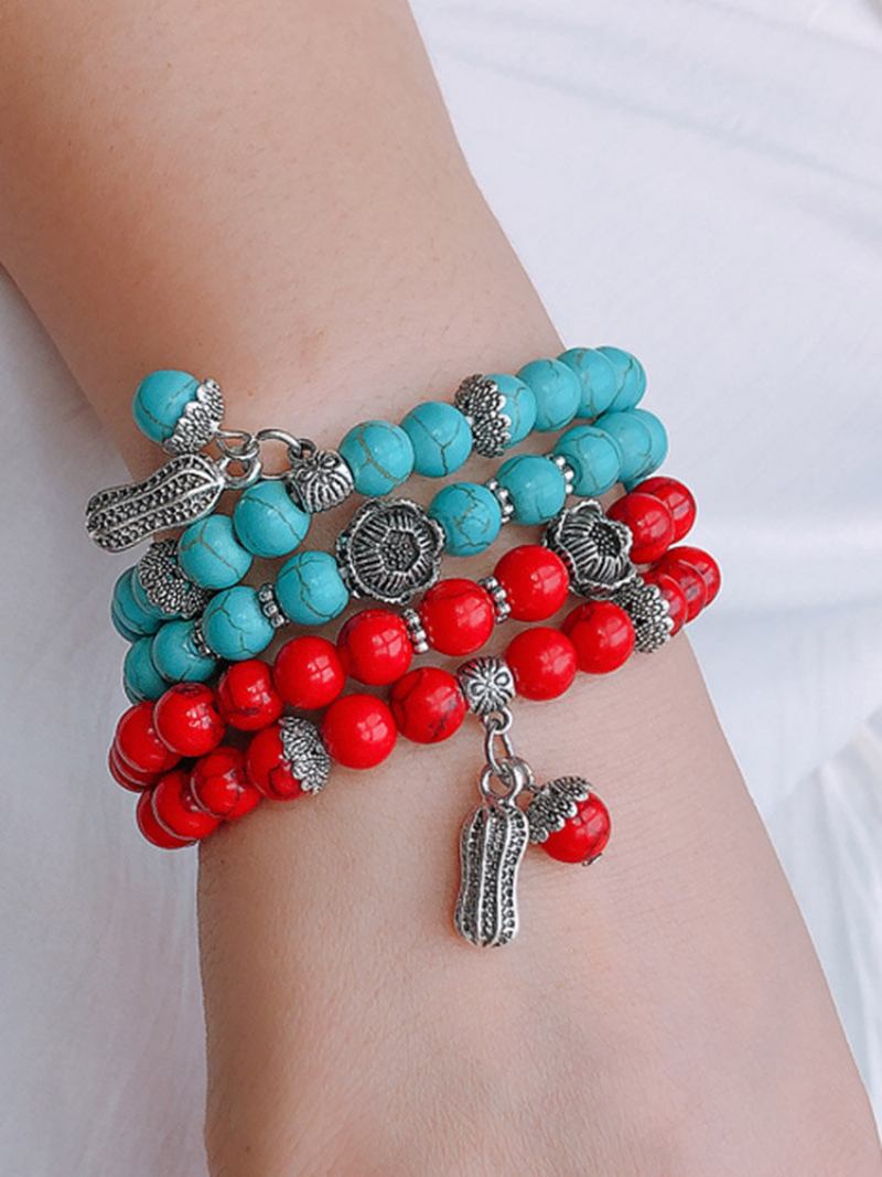 Bohemian Turquoise Beaded Elastic Bracelet Μεταλλικό Στερεοσκοπικό Πολυστρωματικό Βραχιόλι Φυστικιών