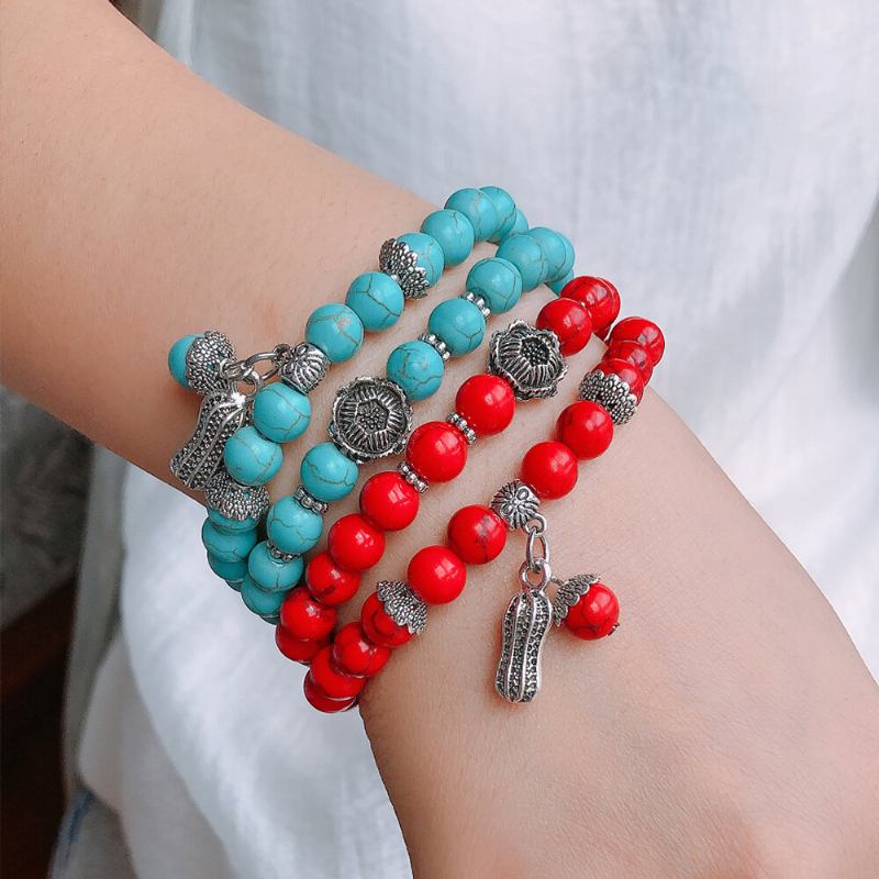 Bohemian Turquoise Beaded Elastic Bracelet Μεταλλικό Στερεοσκοπικό Πολυστρωματικό Βραχιόλι Φυστικιών