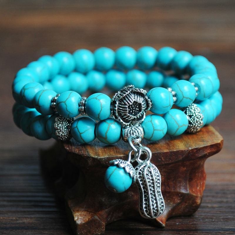 Bohemian Turquoise Beaded Elastic Bracelet Μεταλλικό Στερεοσκοπικό Πολυστρωματικό Βραχιόλι Φυστικιών