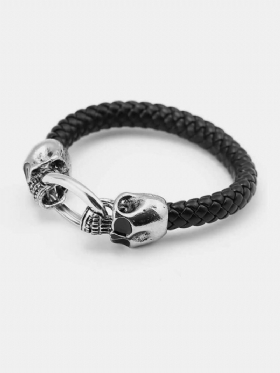 Βραχιόλια Punk Cuff Double Skulls Black Snake Grain Leather Bracelet Ethnic Κοσμήματα Για Άνδρες