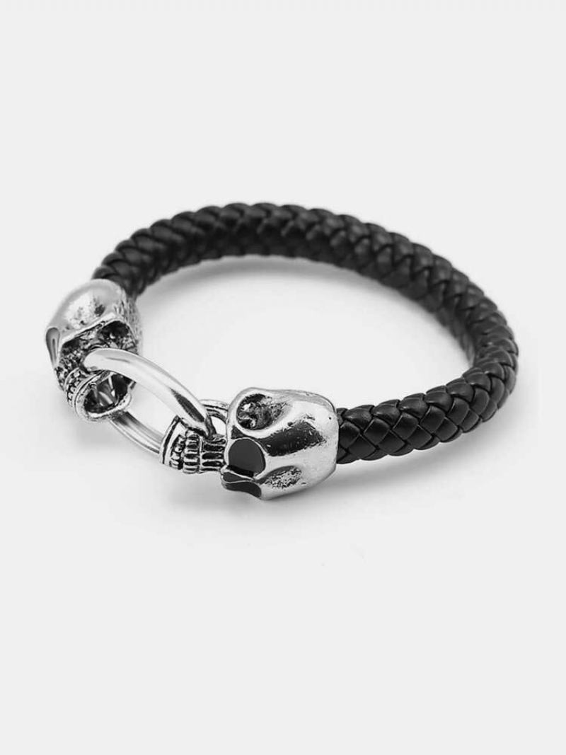 Βραχιόλια Punk Cuff Double Skulls Black Snake Grain Leather Bracelet Ethnic Κοσμήματα Για Άνδρες