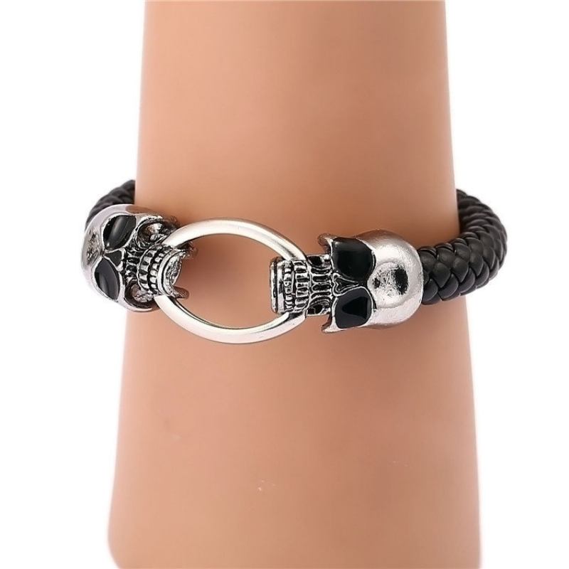 Βραχιόλια Punk Cuff Double Skulls Black Snake Grain Leather Bracelet Ethnic Κοσμήματα Για Άνδρες