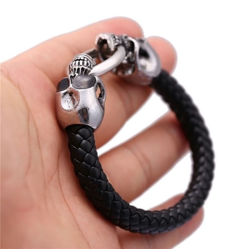 Βραχιόλια Punk Cuff Double Skulls Black Snake Grain Leather Bracelet Ethnic Κοσμήματα Για Άνδρες