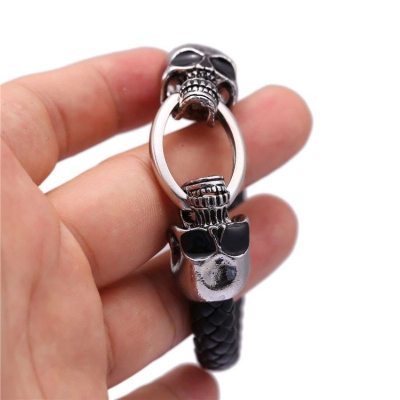 Βραχιόλια Punk Cuff Double Skulls Black Snake Grain Leather Bracelet Ethnic Κοσμήματα Για Άνδρες