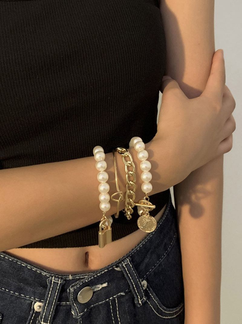 Hip Hop Lock Bracelet Metal Geometric Ot Buckle Pearl Set