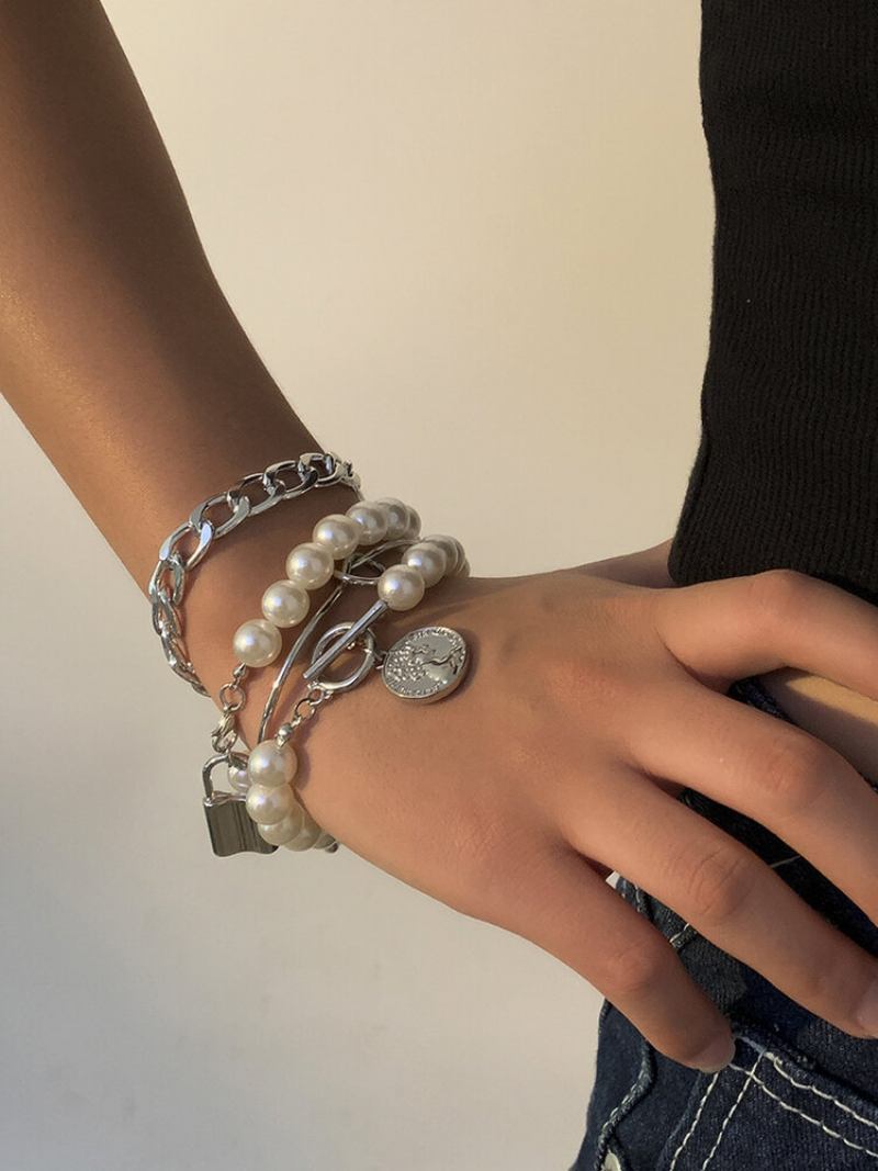 Hip Hop Lock Bracelet Metal Geometric Ot Buckle Pearl Set