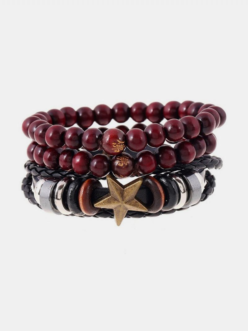 Punk 3pcs Multilayer Bracelet Star Leather Braid Bead Adjustable Ethnic Jewelry For Women