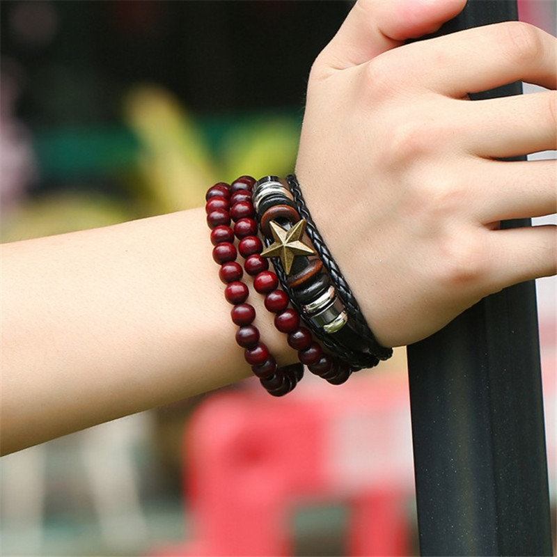 Punk 3pcs Multilayer Bracelet Star Leather Braid Bead Adjustable Ethnic Jewelry For Women