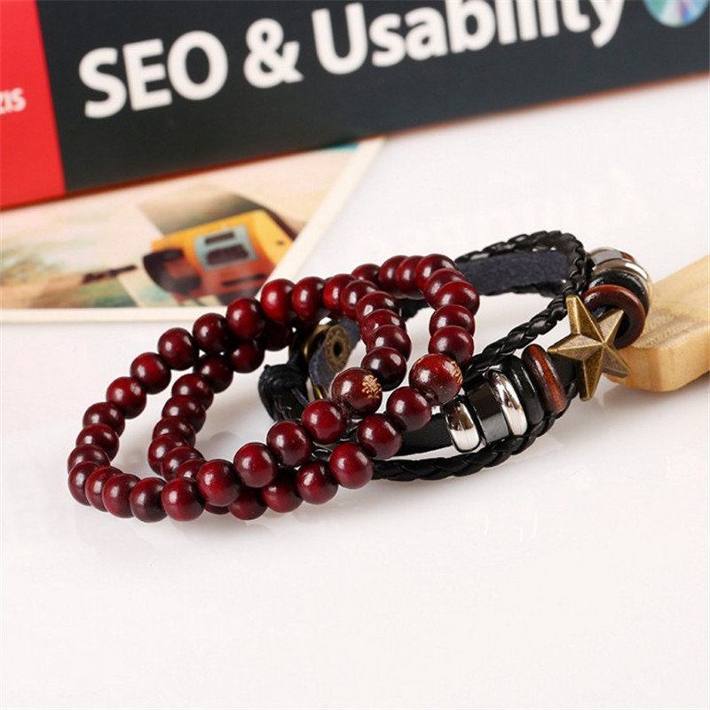 Punk 3pcs Multilayer Bracelet Star Leather Braid Bead Adjustable Ethnic Jewelry For Women