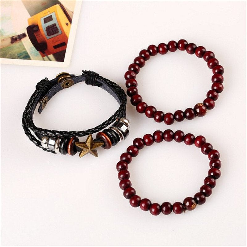 Punk 3pcs Multilayer Bracelet Star Leather Braid Bead Adjustable Ethnic Jewelry For Women