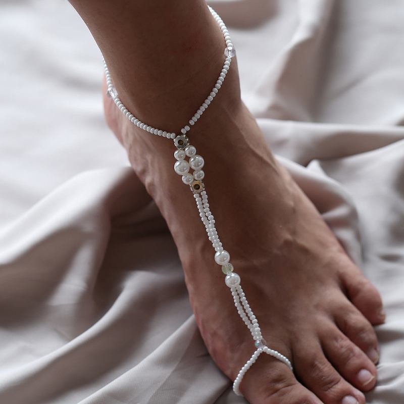 Summer Fresh Pearl Diamond Crystal Beaded Anklet Beach Simple Sexy Toe Chain