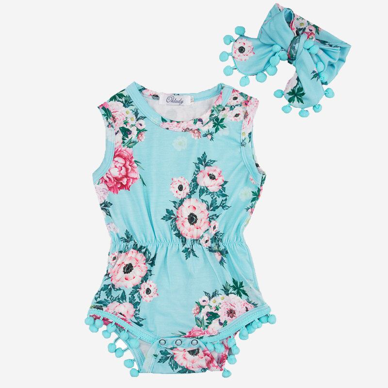 2 Τεμ. Baby Floral Print Casual Rompers+headwear For 6-24m