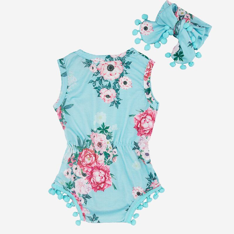 2 Τεμ. Baby Floral Print Casual Rompers+headwear For 6-24m