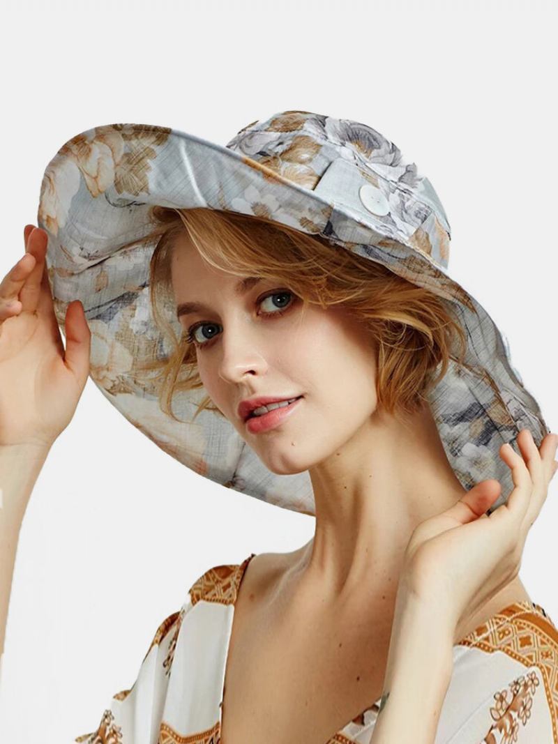 Γυναικεία Dacron Overlay Calico Print Button Decoration Big Brim Breathable Sunshade Αναδιπλούμενο Καπέλο Κουβά