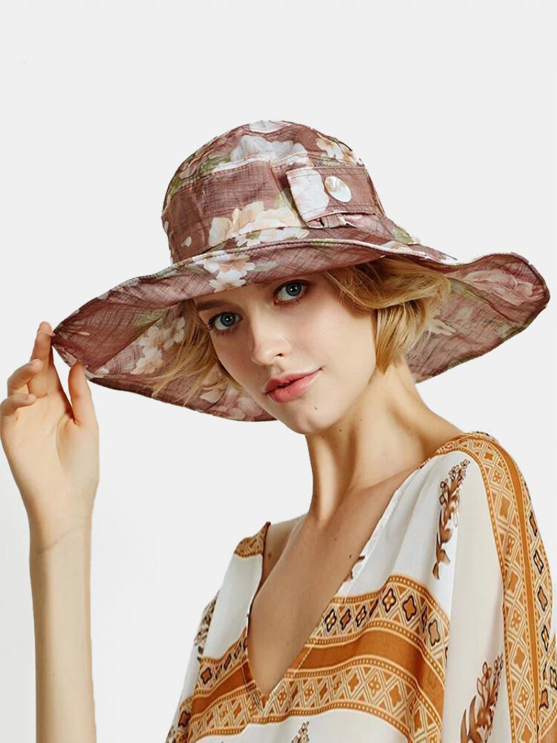 Γυναικεία Dacron Overlay Calico Print Button Decoration Big Brim Breathable Sunshade Αναδιπλούμενο Καπέλο Κουβά