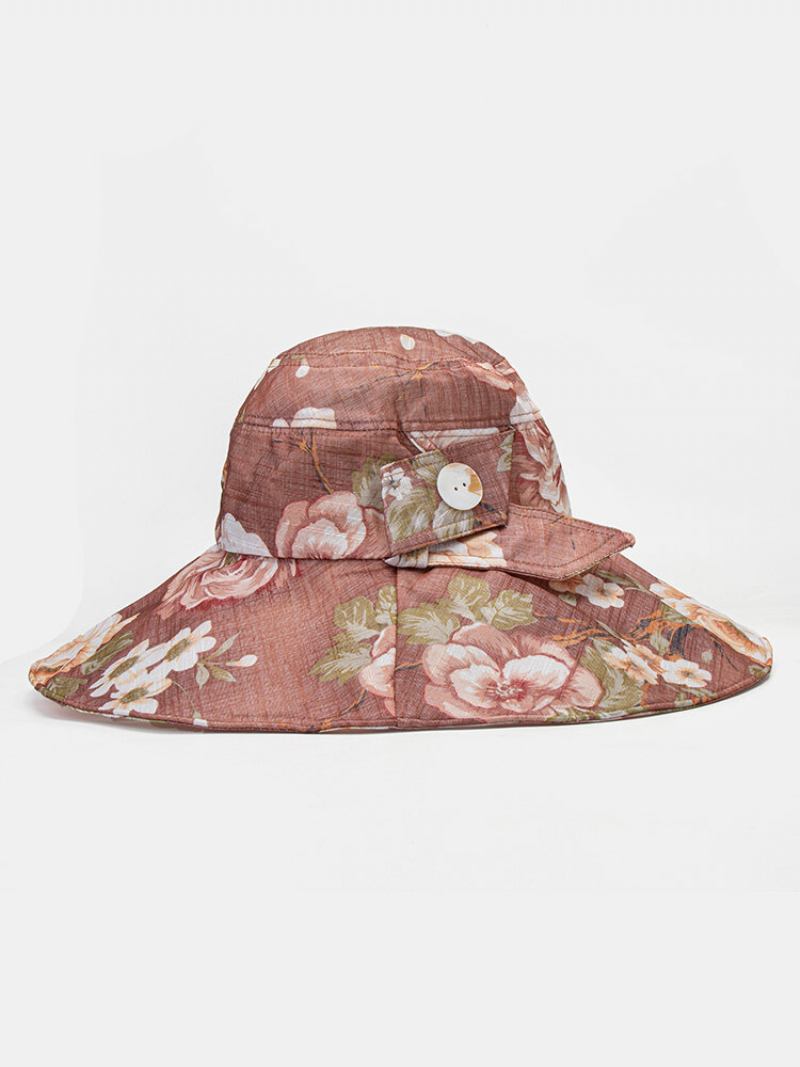 Γυναικεία Dacron Overlay Calico Print Button Decoration Big Brim Breathable Sunshade Αναδιπλούμενο Καπέλο Κουβά