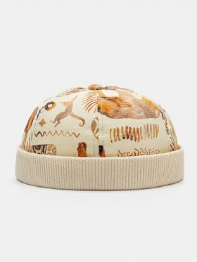 Unisex Corduroy Cartoon Animal Print Vintage Warmth Brimless Beanie Landlord Cap Skull Cap