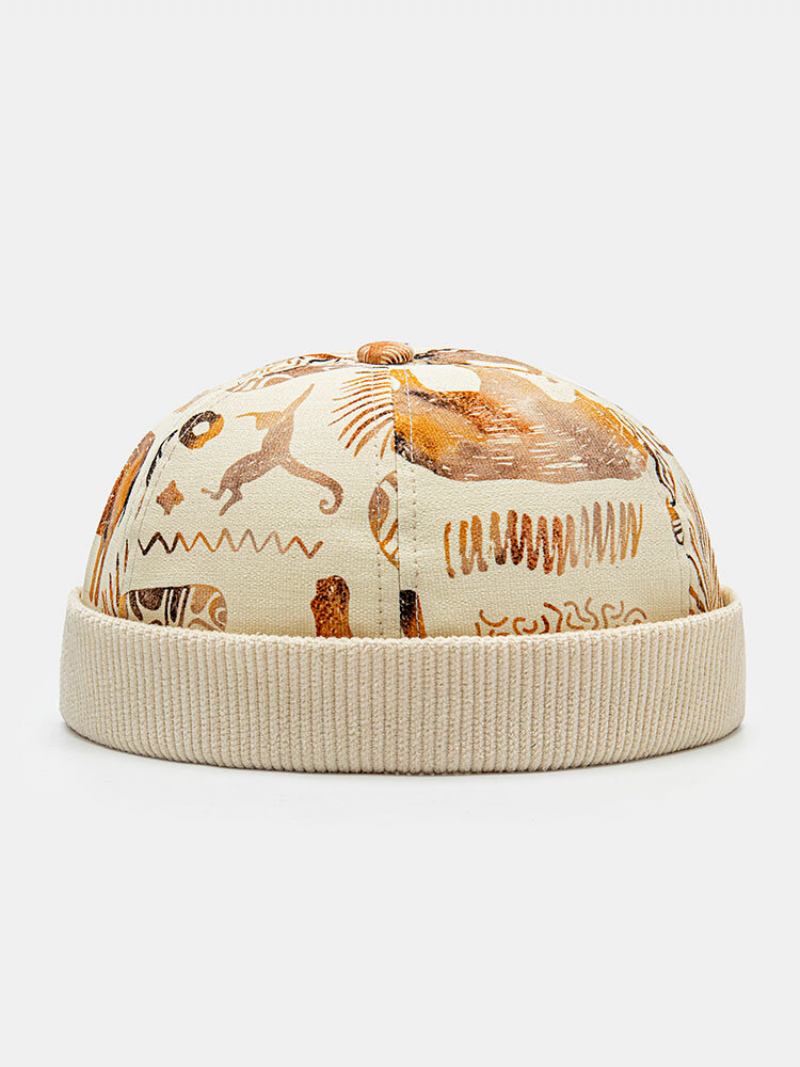 Unisex Corduroy Cartoon Animal Print Vintage Warmth Brimless Beanie Landlord Cap Skull Cap