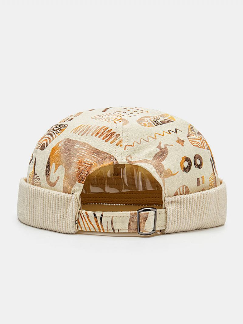 Unisex Corduroy Cartoon Animal Print Vintage Warmth Brimless Beanie Landlord Cap Skull Cap