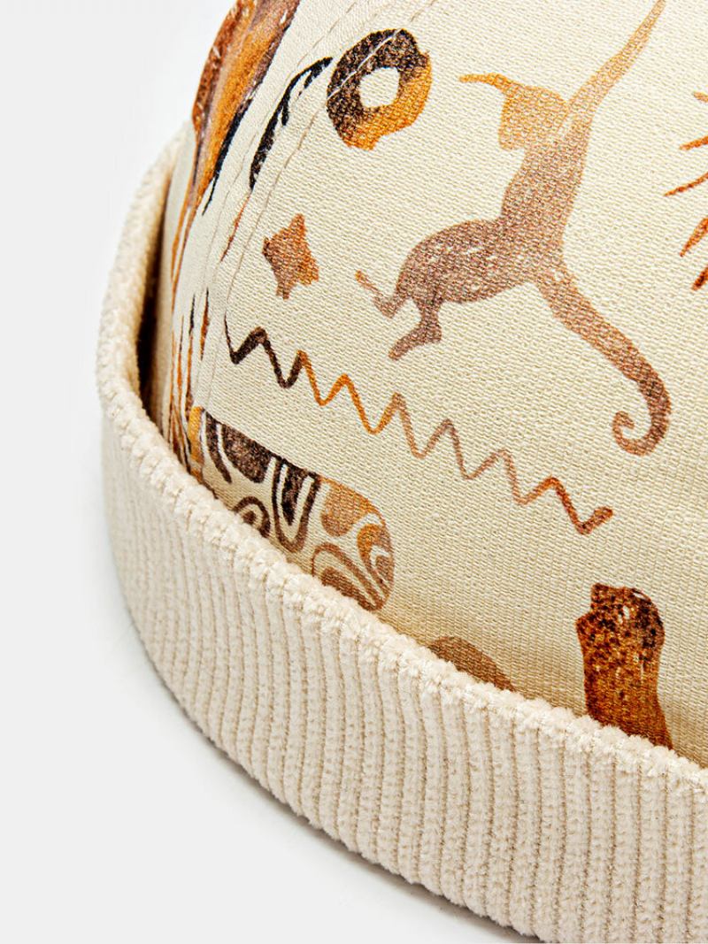 Unisex Corduroy Cartoon Animal Print Vintage Warmth Brimless Beanie Landlord Cap Skull Cap