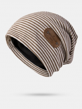 Unisex Cotton Pinstripe Letter Rivets Pu Patch Vintage Warmth Beanie Καπέλο