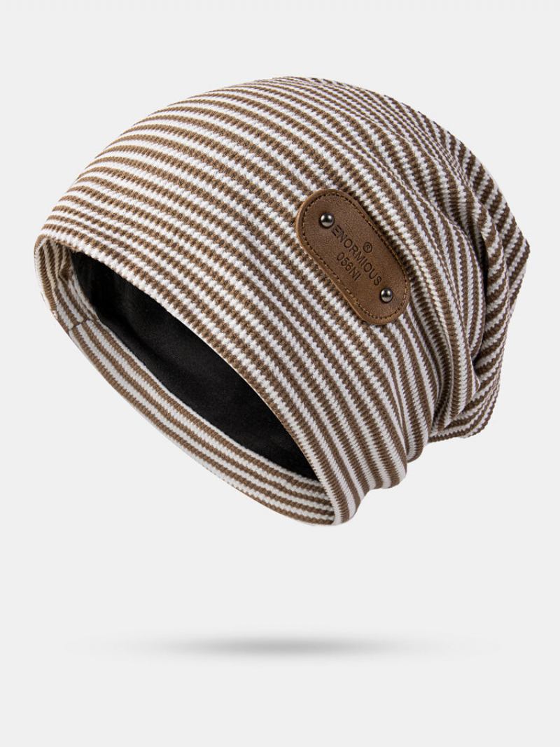 Unisex Cotton Pinstripe Letter Rivets Pu Patch Vintage Warmth Beanie Καπέλο