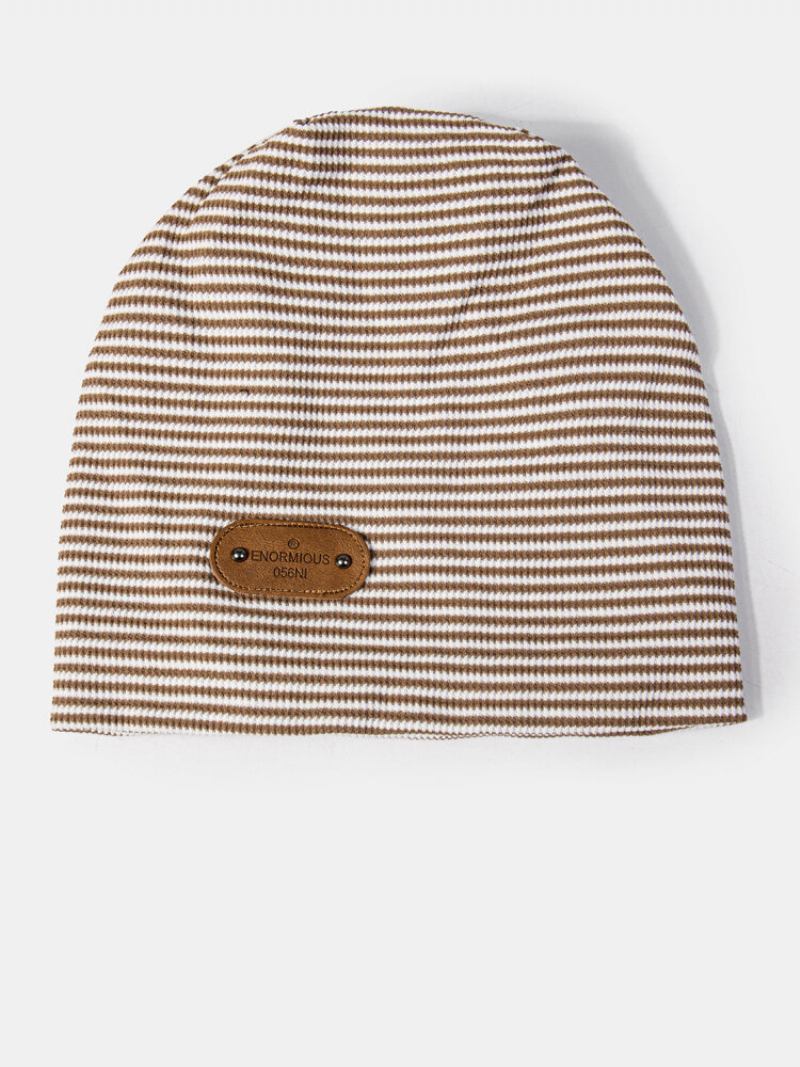 Unisex Cotton Pinstripe Letter Rivets Pu Patch Vintage Warmth Beanie Καπέλο