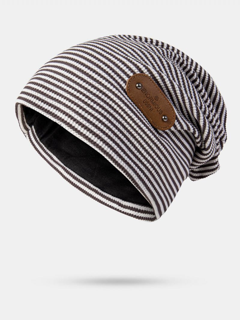 Unisex Cotton Pinstripe Letter Rivets Pu Patch Vintage Warmth Beanie Καπέλο