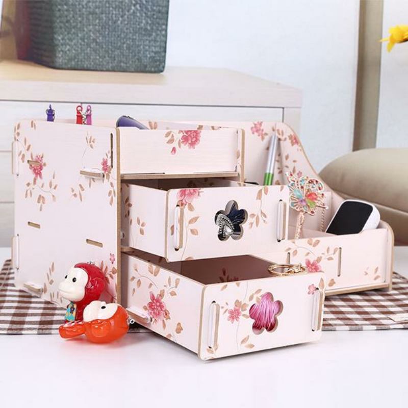 Korea Diy Wooden Makeup Organizer Desktop Storage Box Δοχείο Αποθήκευσης