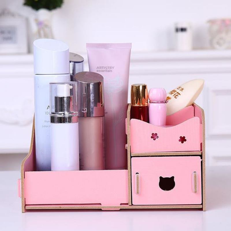 Korea Diy Wooden Makeup Organizer Desktop Storage Box Δοχείο Αποθήκευσης